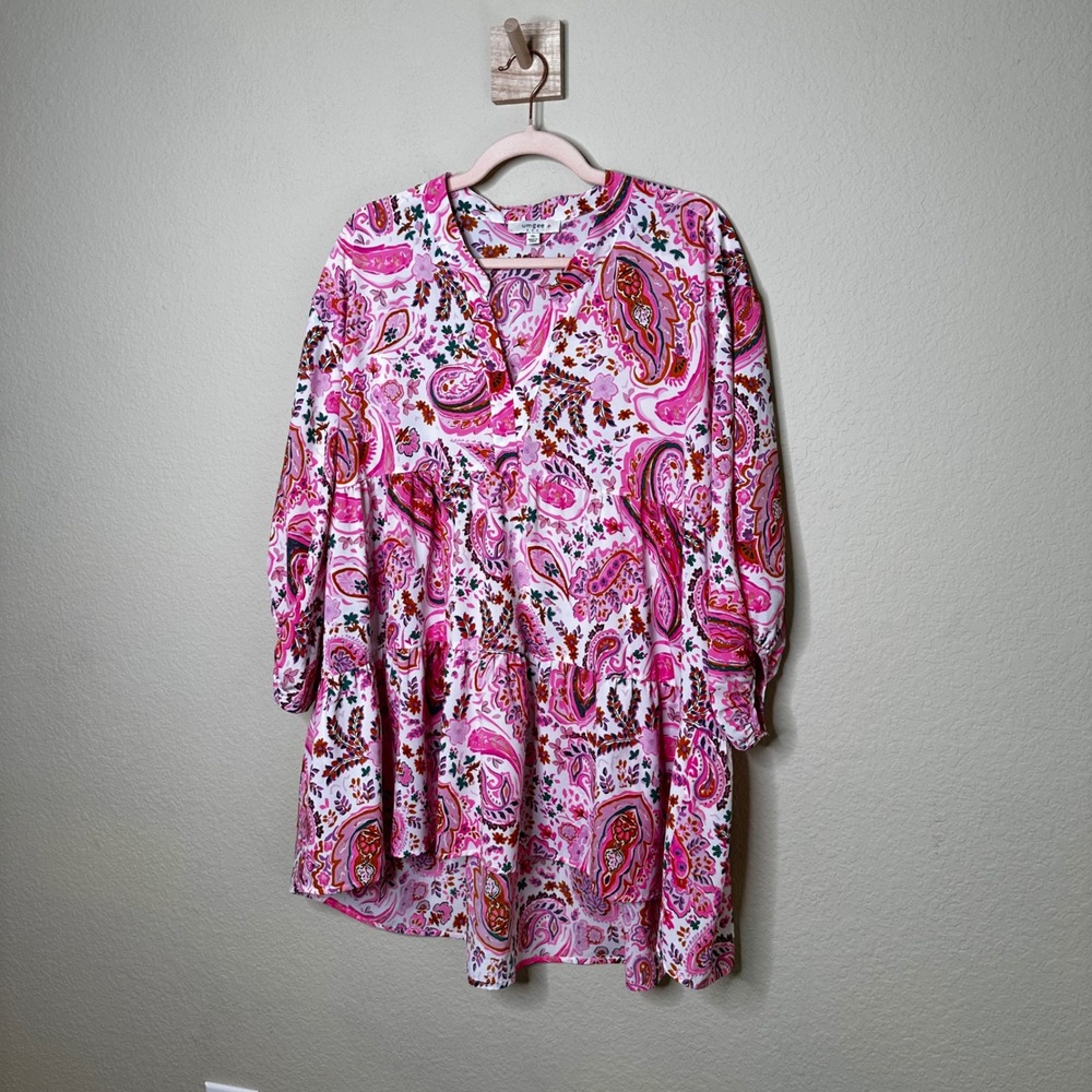 Umgee USA Pink Paisley Tiered Tunic Top Plus Size 1XL Boho Split Neck Festival